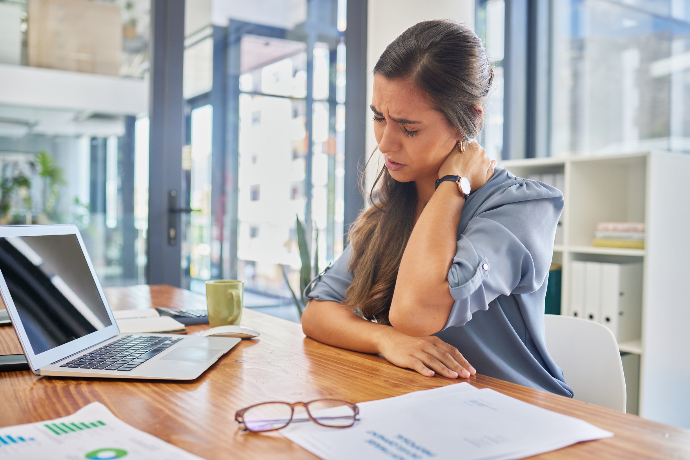 Stress, Problem and Business Woman with Neck Pain, Anxiety or Posture Issue in Office. Burnout, Fatigue and Financial Advisor Suffering Injury, Arthritis or Fibromyalgia While Checking Tax Documents